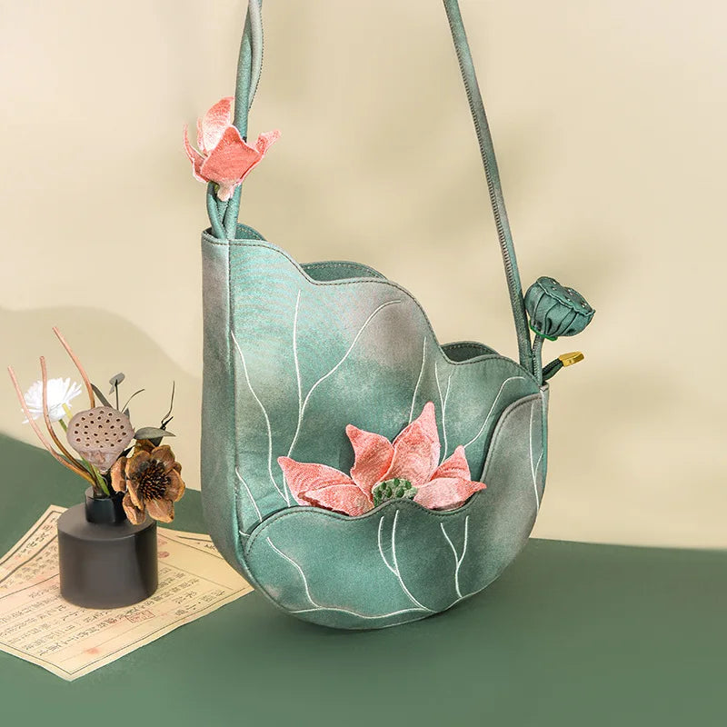 Lotus Flower Embroidered Handbag